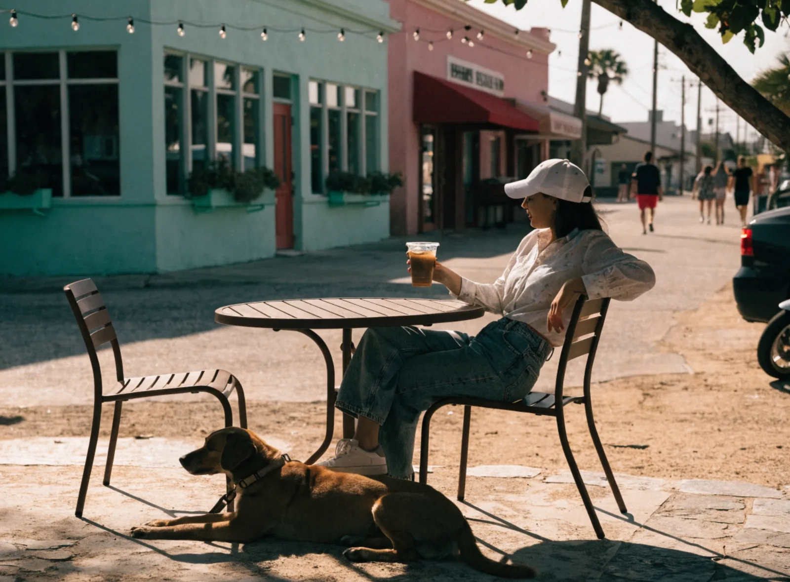 Woman with an iced coffee at a beach town patio table while her dog rests in the shade underneath